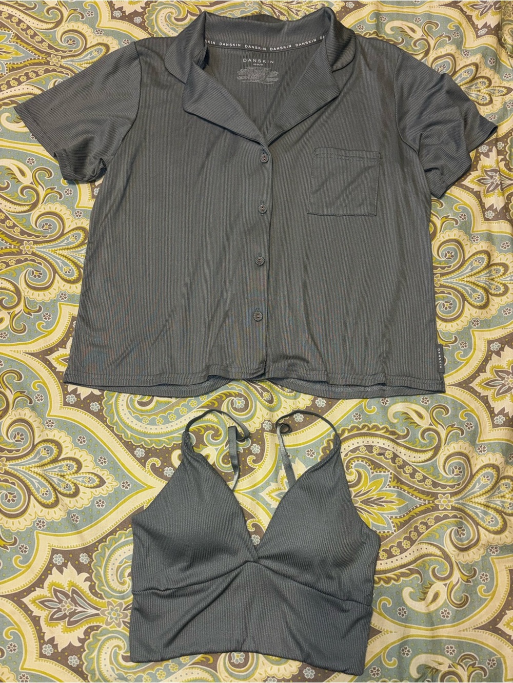 Danskin Gray Short Sleeve Button Sleep Shirt & Bralette Set